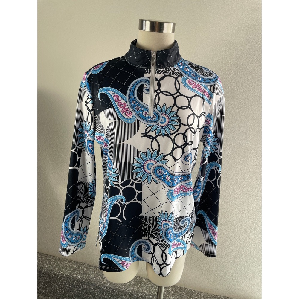 Women's Long-Sleeve Zip Mock Neck Top - Blue Paisley Print
